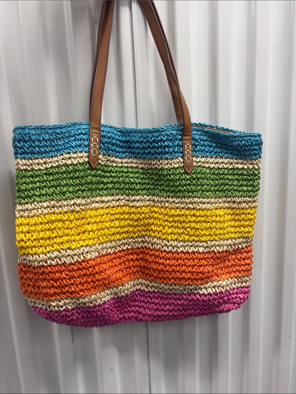 INC International Concepts Multicolor Striped Woven Tote with Tan Handles
